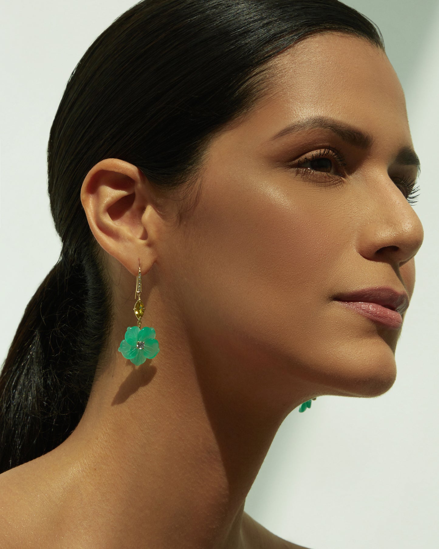 Chrysoprase flower and Canary tourmaline earrings