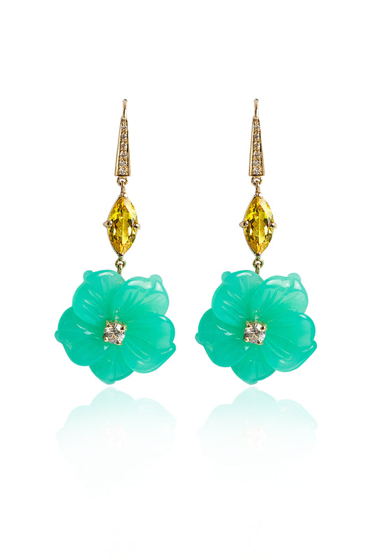 Chrysoprase flower and Canary tourmaline earrings