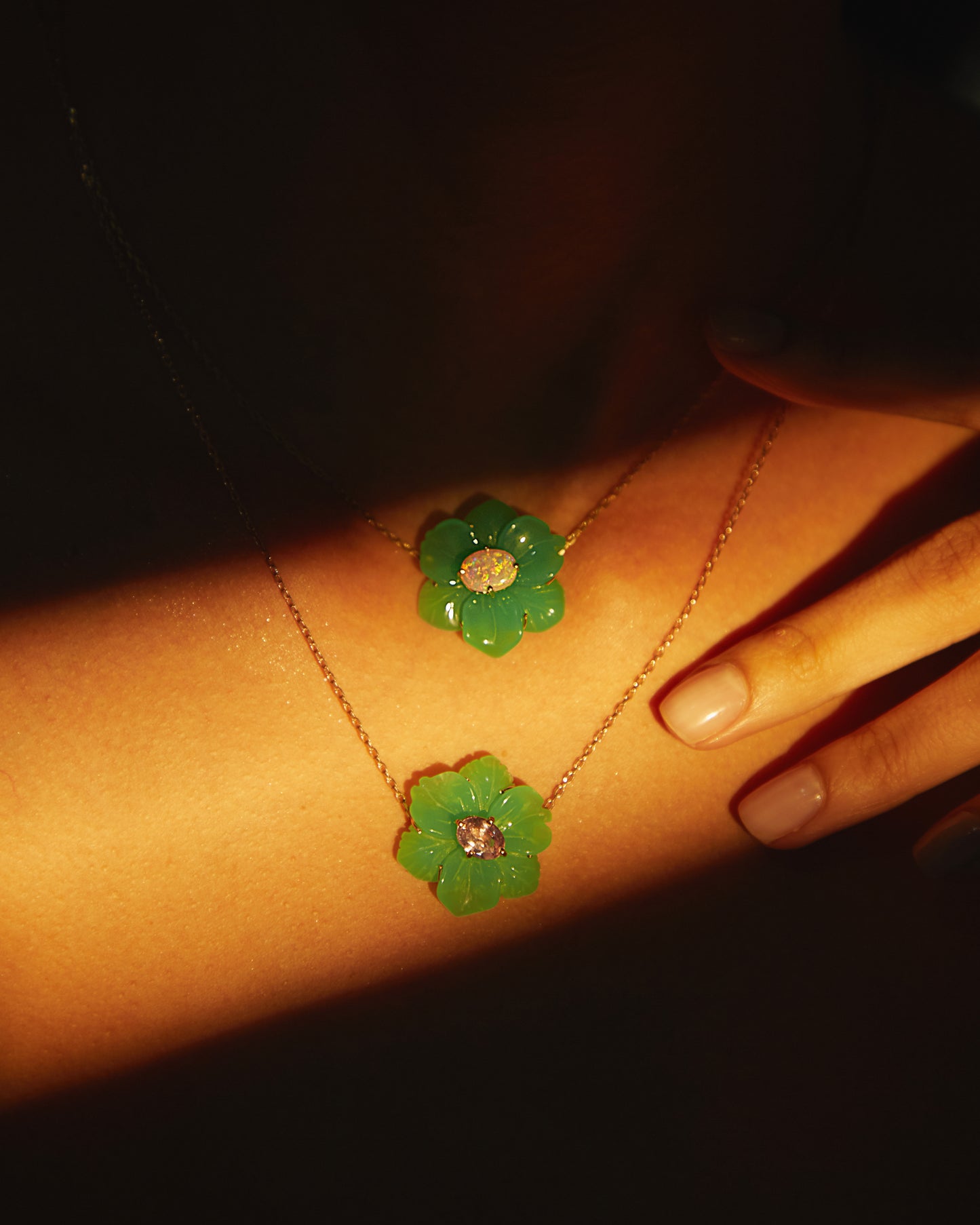 Chrysoprase flower and Opal pendant